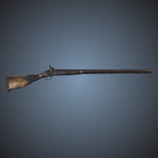 3d model of Ten-bore half stocked percussion shot and ball gun, made for the African trade, with the stock extended and native repairs with shrunken leather, and native brass wire. Manufactured by Hollis and Sons, approximately 1860