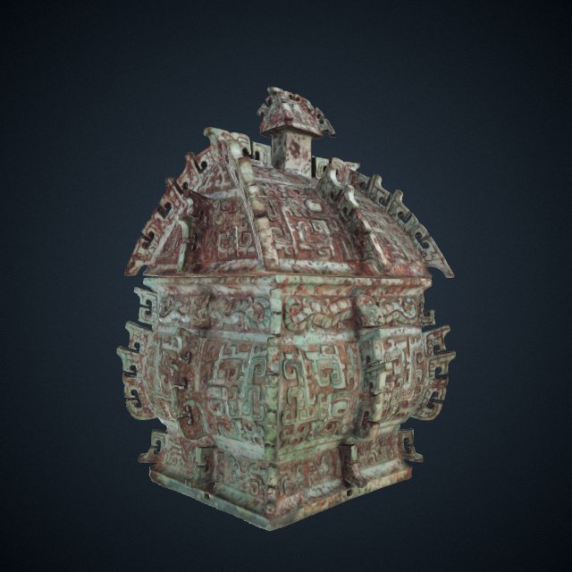 Ritual wine container (<em>fangyi</em>) with masks(<em>taotie</em>), serpents, and birds