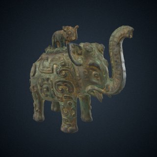 3d model of Spouted vessel (<em>he</em>) in the form of an elephant with masks (<em>taotie</em>), dragons, and snakes